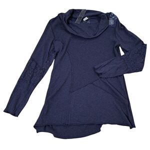 RXB Women's Patchwork Raw Seems Cowl Neck Lace Insert Midnight Blue Top Sz L